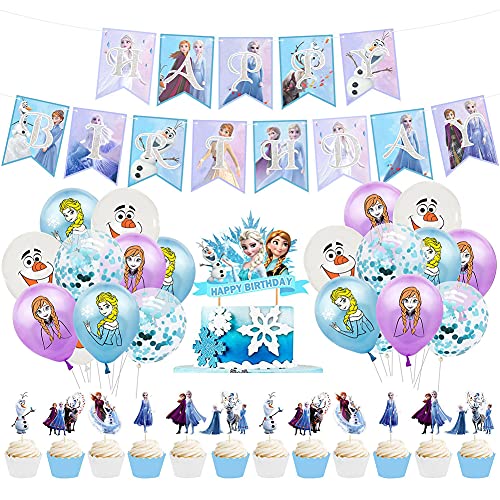 Frozen Cumpleaños Decoración, 34 Pcs Party Supplies, Juego de Suministros para Fiestas de Cumpleaños para niños, Globo Feliz Cumpleaños Banner Cupcake Topper Decoraciones