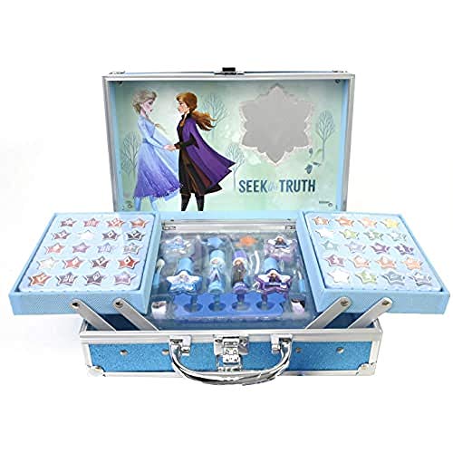 Frozen II Makeup Train Case - Maletín de Maquillaje de 2 Pisos - Set de Maquillaje para Niñas - Maquillaje Frozen - Neceser Maquillaje y Accesorios en un Maletín Reutilizable con Espejo