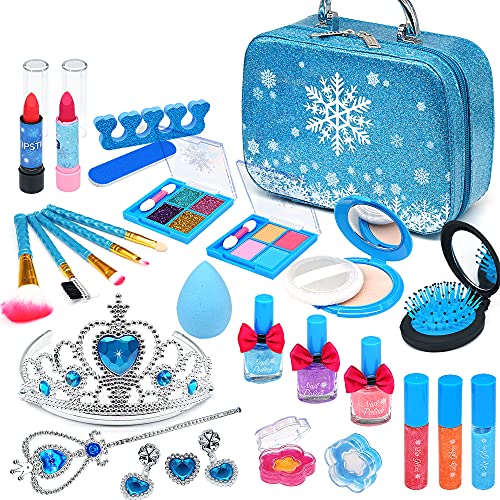 Frozen - Juego de maquillaje infantil para niñas, 31 unidades, lavable, seguro, no tóxico, con maletín de maquillaje, juego de rol, regalo para princesas pequeñas, 4, 5, 6, 7 y 8 años