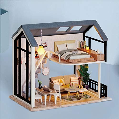 Fsolis Casa de Muñecas en Miniatura de Bricolaje con Mueble, Casa en Miniatura de Madera 3D con Cubierta Antipolvo, Kit de Regalo Creativo de Casas para Muñecas QL02