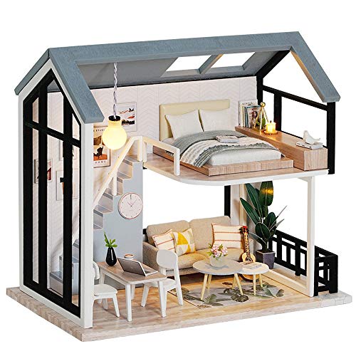 Fsolis Casa de Muñecas en Miniatura de Bricolaje con Mueble, Casa en Miniatura de Madera 3D con Cubierta Antipolvo, Kit de Regalo Creativo de Casas para Muñecas QL02