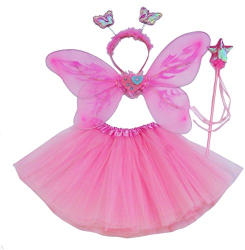 Fun Play - Disfraz de Hada para niñas - Alas de Mariposa, Tutú, Varita Mágica y Diadema - Disfraz de Mariposa o Ángel con Alas para niñas de 3-8 años - Color Rosa