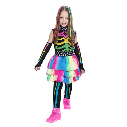 Funky Punky Bones Colorful Skeleton Deluxe Girls Costume Set with Hair Extensions for Halloween Costume Dress Up Parties. (Large ( 10- 12 yrs))