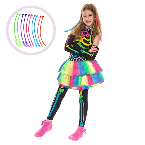 Funky Punky Bones Colorful Skeleton Deluxe Girls Costume Set with Hair Extensions for Halloween Costume Dress Up Parties. (Large ( 10- 12 yrs))