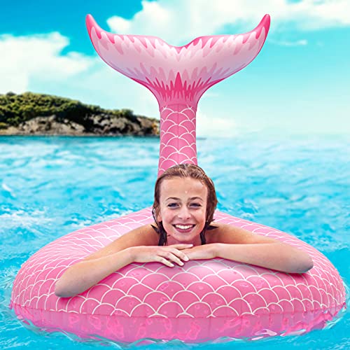 FUNOVA Cola de Sirena Hinchable colchonetas Tubo de Piscina Flotador Gigante Veraniego Inflable Juguete para Fiestas Piscina Verano Nadar Piscina Océano Lago para Niños Adultos Niñas Rosa