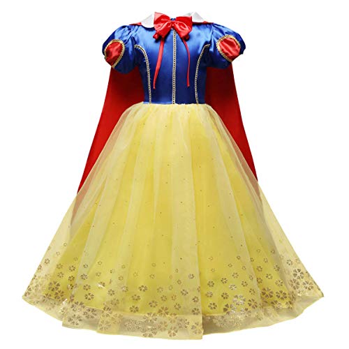 FYMNSI Disfraz de Princesa Blancanieves para niña, Vestido con Capa, Accesorios, Carnaval, cumpleaños, Fiesta, Disfraz para niños, Color Blanco Amarillo 3-4 Años