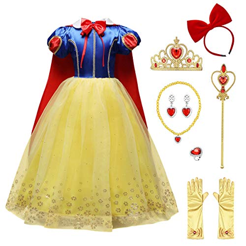 FYMNSI Disfraz de Princesa Blancanieves para niña, Vestido con Capa, Accesorios, Carnaval, cumpleaños, Fiesta, Disfraz para niños, Color Blanco Amarillo 3-4 Años