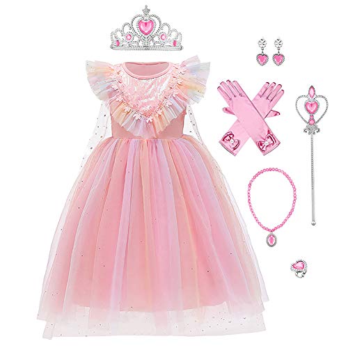 FYMNSI Disfraz de princesa Elsa de Frozen, disfraz de copo de nieve, vestido de tul con accesorios, para Navidad, Halloween, carnaval, cosplay, cumpleaños, fiesta, Rosa., 3-4 Años