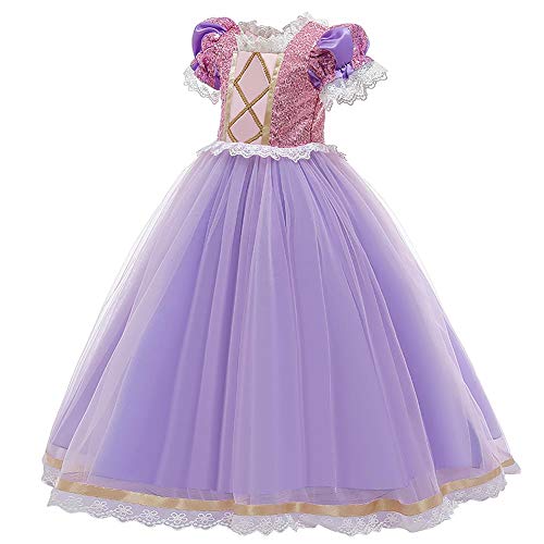 FYMNSI Disfraz infantil de princesa Rapunzel, para niña, Sofía, carnaval, cosplay, lentejuelas, tul, maxivestido, Halloween, cumpleaños, fiesta, boda, vestido de noche Lila (con peluca). 6-7 Años