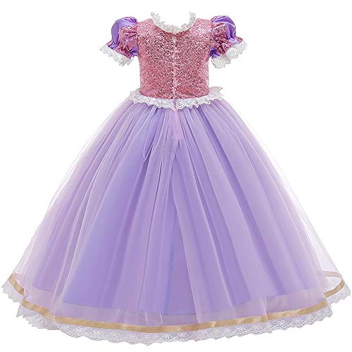 FYMNSI Disfraz infantil de princesa Rapunzel, para niña, Sofía, carnaval, cosplay, lentejuelas, tul, maxivestido, Halloween, cumpleaños, fiesta, boda, vestido de noche Lila (con peluca). 6-7 Años