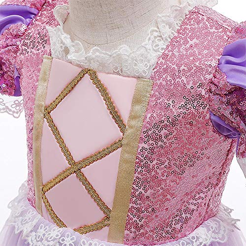 FYMNSI Disfraz infantil de princesa Rapunzel, para niña, Sofía, carnaval, cosplay, lentejuelas, tul, maxivestido, Halloween, cumpleaños, fiesta, boda, vestido de noche Lila (con peluca). 6-7 Años