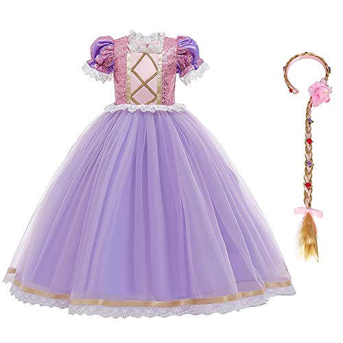 FYMNSI Disfraz infantil de princesa Rapunzel, para niña, Sofía, carnaval, cosplay, lentejuelas, tul, maxivestido, Halloween, cumpleaños, fiesta, boda, vestido de noche Lila (con peluca). 6-7 Años