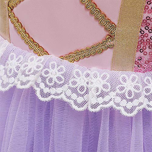 FYMNSI Disfraz infantil de princesa Rapunzel, para niña, Sofía, carnaval, cosplay, lentejuelas, tul, maxivestido, Halloween, cumpleaños, fiesta, boda, vestido de noche Lila (con peluca). 6-7 Años