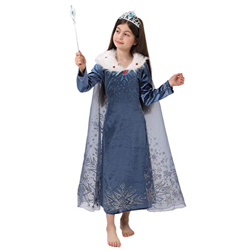 FZCRRDU KOCCAE Disfraz de Elsa, Niñas Cosplay Frozen Elsa Princesa Vestido Niña Azul Cuello Blanco Manga Larga, Disfraz de Cumpleaños de Carnaval, Fiesta de Disfraces (XL 150 (7-8) ANS)