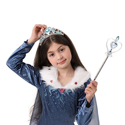 FZCRRDU KOCCAE Disfraz de Elsa, Niñas Cosplay Frozen Elsa Princesa Vestido Niña Azul Cuello Blanco Manga Larga, Disfraz de Cumpleaños de Carnaval, Fiesta de Disfraces (XL 150 (7-8) ANS)