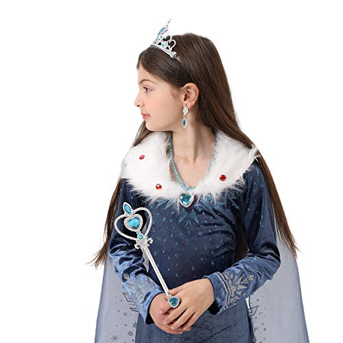 FZCRRDU KOCCAE Disfraz de Elsa, Niñas Cosplay Frozen Elsa Princesa Vestido Niña Azul Cuello Blanco Manga Larga, Disfraz de Cumpleaños de Carnaval, Fiesta de Disfraces (XL 150 (7-8) ANS)