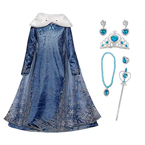 FZCRRDU KOCCAE Disfraz de Elsa, Niñas Cosplay Frozen Elsa Princesa Vestido Niña Azul Cuello Blanco Manga Larga, Disfraz de Cumpleaños de Carnaval, Fiesta de Disfraces (XL 150 (7-8) ANS)