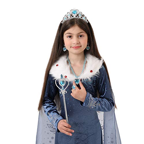 FZCRRDU KOCCAE Disfraz de Elsa, Niñas Cosplay Frozen Elsa Princesa Vestido Niña Azul Cuello Blanco Manga Larga, Disfraz de Cumpleaños de Carnaval, Fiesta de Disfraces (XL 150 (7-8) ANS)