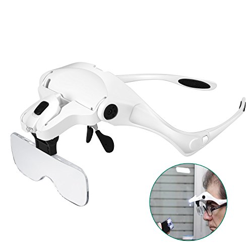 Gafas Lupa con Luz - RIGHTWELL Lupa de Gran Aumento con 2 LED Perfecto para Leer, Lupas para Lectura, Reparaciones, Coser, Joyería y Relojería, Modelismo - 5 Lentes 1.0X-3.5X Ajustable