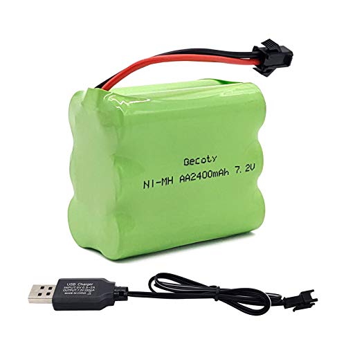 Gecoty® Paquete de baterías 7.2V Ni-MH, batería AA Recargable de 2400mAh, con Conector SM 2P y Cable de Carga USB, para camión RC Tanque RC Barco RC Robot RC