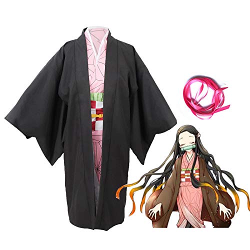 Gereton Disfraz De Cosplay De Kamado Nezuko, Traje De Vestido De Anime De Halloween con Accesorios De Bambú, Disfraz De Fiesta De Cosplay De Anime, Conjunto Completo para Adultos Y Niños