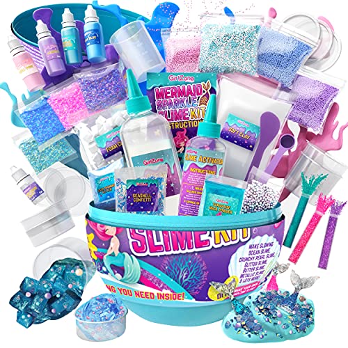 GirlZone Regalos para Niñas Kit de Slime para Niñas y Niños en un Huevo Sorpresa de Sirena Fábrica de Slime Fluffy con Pegamento / Cola y Activador 39 Piezas DIY Glow in The Dark Slime con Glitter