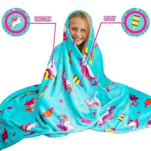 GirlZone Regalos para Niñas - Manta Polar de Unicornio para Niña - Manta de Felpa de Forro Polar Azul Claro - Manta Decorativa Cama Plaid Colores Infantil Regalo 3 a 12 años