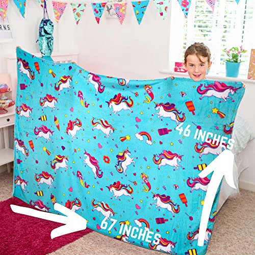 GirlZone Regalos para Niñas - Manta Polar de Unicornio para Niña - Manta de Felpa de Forro Polar Azul Claro - Manta Decorativa Cama Plaid Colores Infantil Regalo 3 a 12 años