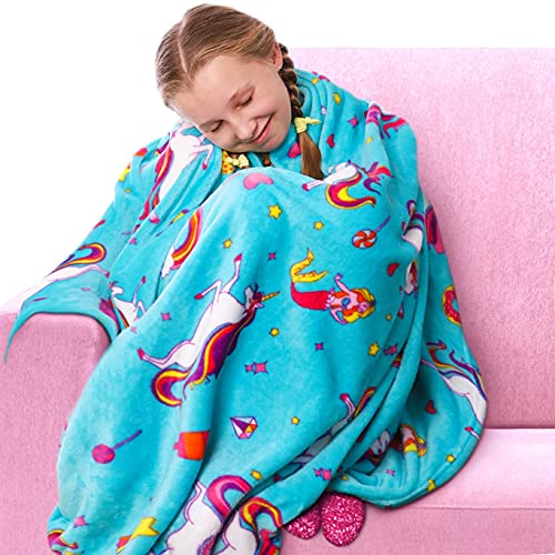 GirlZone Regalos para Niñas - Manta Polar de Unicornio para Niña - Manta de Felpa de Forro Polar Azul Claro - Manta Decorativa Cama Plaid Colores Infantil Regalo 3 a 12 años