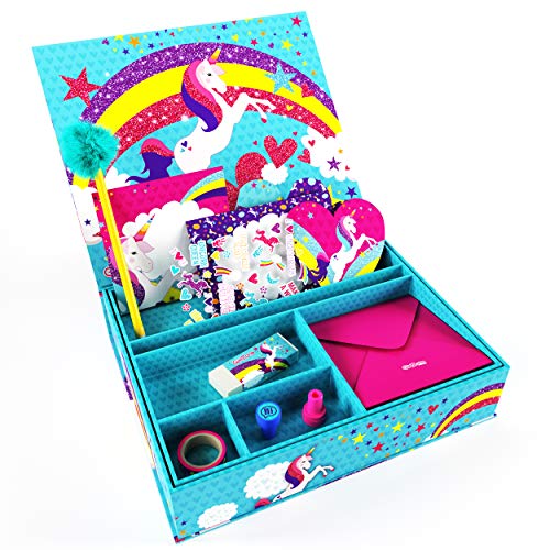 GirlZone Regalos para Niñas Set de Papel Carta de Unicornio - Juego con Hojas, Tarjetas, Sobres, Bolígrafos, Goma, Pegatinas, Cinta Adhesiva y Sellos - Papelería Infantil 3 a 12 años