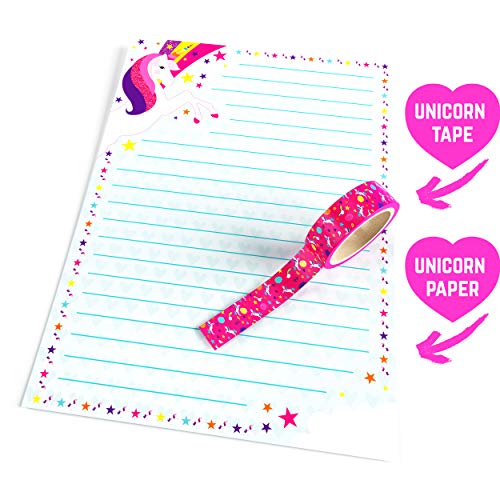 GirlZone Regalos para Niñas Set de Papel Carta de Unicornio - Juego con Hojas, Tarjetas, Sobres, Bolígrafos, Goma, Pegatinas, Cinta Adhesiva y Sellos - Papelería Infantil 3 a 12 años