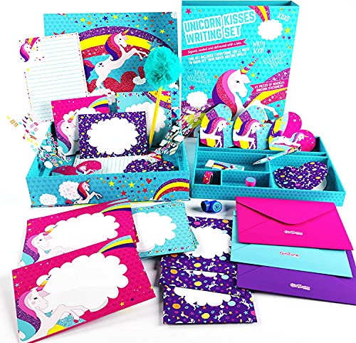 GirlZone Regalos para Niñas Set de Papel Carta de Unicornio - Juego con Hojas, Tarjetas, Sobres, Bolígrafos, Goma, Pegatinas, Cinta Adhesiva y Sellos - Papelería Infantil 3 a 12 años