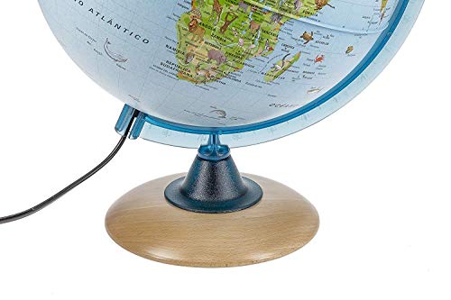 Globo terraqueo Iluminado Infantil 25cm con múltiples Ilustraciones, más Brillante. Pie de Madera, Meridiano Azul, Idioma Español - con lámpara LED