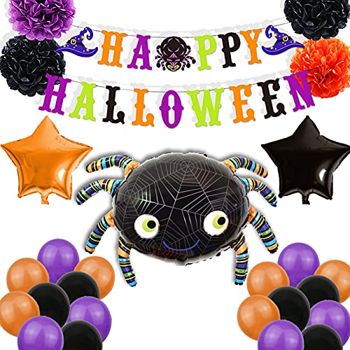 Globos de Halloween 26PCS Gato Globos Decoración de Fiesta de Halloween Globos de Halloween Calabaza Fantasma Naranja Blanco Decoración de Fiesta de Halloween Balloon Banner Spider Bat Pumpkin, Spider