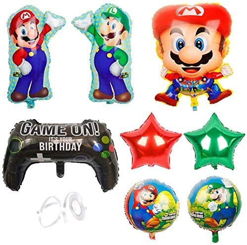 Globos de papel de aluminio de Mario Bros - PAWT Super Mario Decoración de fiesta de cumpleaños Juego de globos de papel de aluminio para fiesta de Mario Decoración 9 piezas