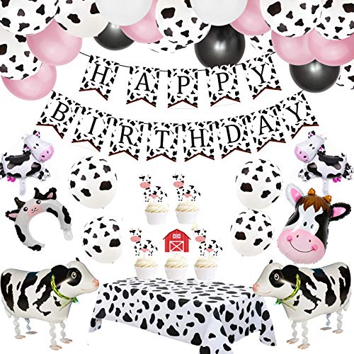 Globos para fiesta de vaca, 63 unidades, con diseño de granja, para fiestas de cumpleaños, banderines de vaca o decoración de guardería