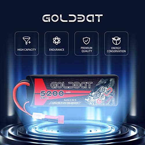 GOLDBAT 2S RC Battery 50C 5200mah 7.4v Lipo RC Battery Estuche rígido con Enchufe T para Coches RC Vehículos a Escala 1/8 y 1/10 Coche, Camiones, Barcos RC Evader Bx RC Truggy (2 Paquetes)