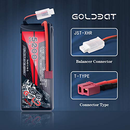 GOLDBAT 2S RC Battery 50C 5200mah 7.4v Lipo RC Battery Estuche rígido con Enchufe T para Coches RC Vehículos a Escala 1/8 y 1/10 Coche, Camiones, Barcos RC Evader Bx RC Truggy (2 Paquetes)