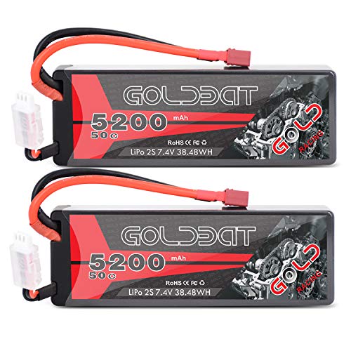 GOLDBAT 2S RC Battery 50C 5200mah 7.4v Lipo RC Battery Estuche rígido con Enchufe T para Coches RC Vehículos a Escala 1/8 y 1/10 Coche, Camiones, Barcos RC Evader Bx RC Truggy (2 Paquetes)