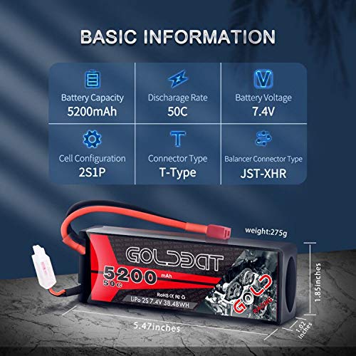 GOLDBAT 2S RC Battery 50C 5200mah 7.4v Lipo RC Battery Estuche rígido con Enchufe T para Coches RC Vehículos a Escala 1/8 y 1/10 Coche, Camiones, Barcos RC Evader Bx RC Truggy (2 Paquetes)