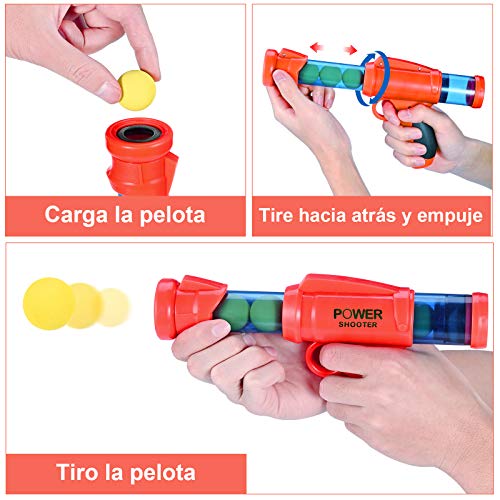 GOLDGE 2pz Pistolas de Bolas para Niños, Pistola Juguete con 24 Bolas de Espuma y 10pz Lata de Tiro Juego de Tiro al Aire Libre y Blanco de Tiro de Pie Pistola Blaster para Niños Regalos de Cumpleaños