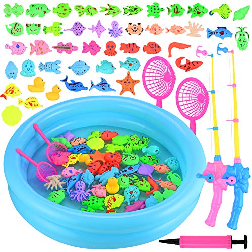 GOLDGE 52pcs Juego de Pesca para Baño para Niños, Juego de Pesca con Caña Flotando Peces 46 Peces Flotantes y 2 Barras Juguete Educativo Interactivo de Pesca con Caña Juguete Reflejo