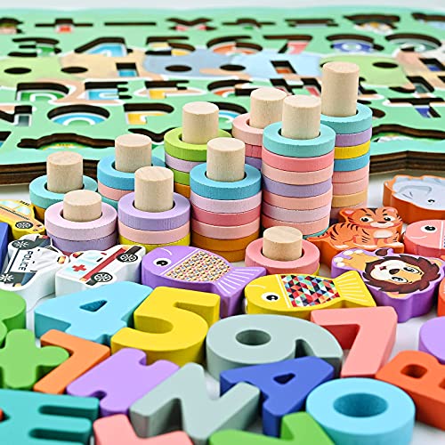 GOLDGE 6 en 1 Montessori Juguete Educativo, Juguetes de Madera Montessori Bebes Tablero, Juguetes de Madera para niños 3 4 años, Puzzle Madera Matemática, Juguetes de Madera para Bebes