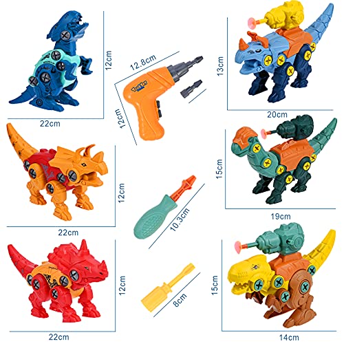 GOLDGE 6pcs Dinosaurios Juguetes para Niños con Taladro Eléctrico, Juego Construccion Dinosaurios, Construccion Juguete Dducativos