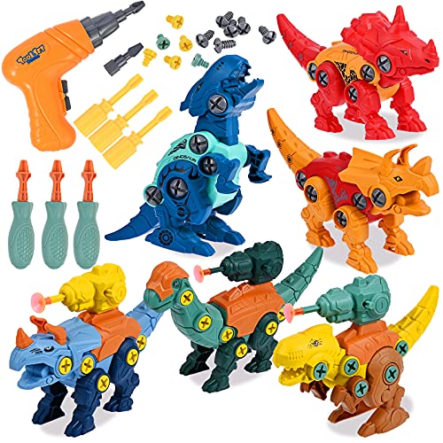 GOLDGE 6pcs Dinosaurios Juguetes para Niños con Taladro Eléctrico, Juego Construccion Dinosaurios, Construccion Juguete Dducativos