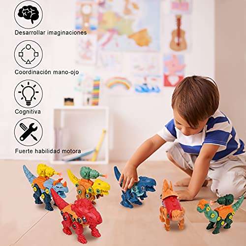 GOLDGE 6pcs Dinosaurios Juguetes para Niños con Taladro Eléctrico, Juego Construccion Dinosaurios, Construccion Juguete Dducativos