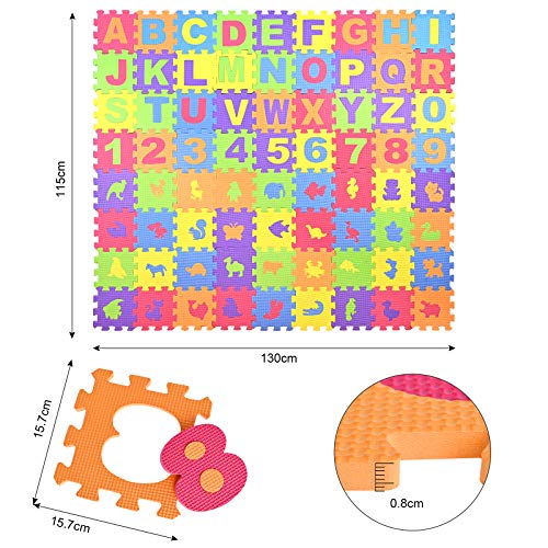 GOLDGE 72 Piezas Alfombra Puzzle para Niños, Alfombra Puzzle Infantil, Alfombra Espuma para Bebés, 26 Letras Puzzle Suelo Bebe (A-Z) y Numeros 0 al 9 y 36 Rompecabezas de Animales Alfombra