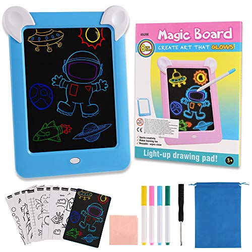 GOLDGE Tablero de Dibujo 3D Mágico, Pizarra Magnética Conjunto con Luces LED Educativo Infantil Dibujo, con Bolsas de Terciopelo, Azul