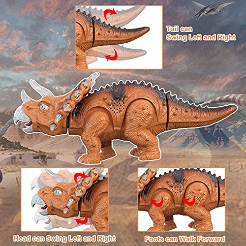 GRESAHOM Juguete de dinosaurio, triceratops caminando con luces LED, cabeza, cola y piernas, oscilación luminosa, realista, gran juguete educativo para niños pequeños, niños y niñas.