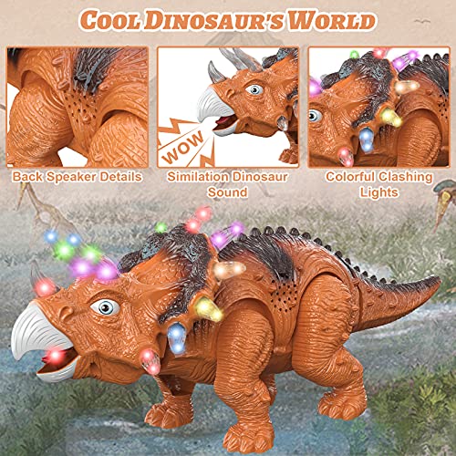 GRESAHOM Juguete de dinosaurio, triceratops caminando con luces LED, cabeza, cola y piernas, oscilación luminosa, realista, gran juguete educativo para niños pequeños, niños y niñas.